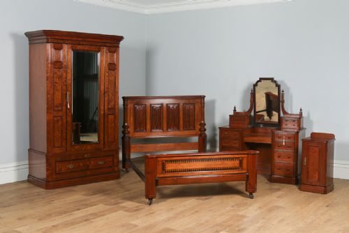 Antique English Victorian Gothic Pitch Pine & Ebony Four Piece Bedroom Suite (Circa 1890)