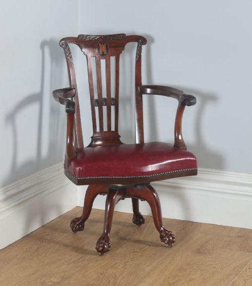 Antique English Georgian Chippendale Style Mahogany & Leather Revolving Office Desk Arm Chair (Circa 1890)