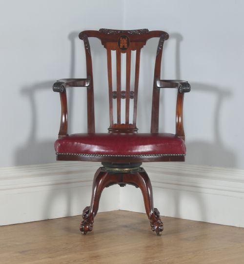 fig 1. Antique English Georgian Chippendale Style Mahogany & Leather Revolving Office Desk Arm Chair (Circa 1890)