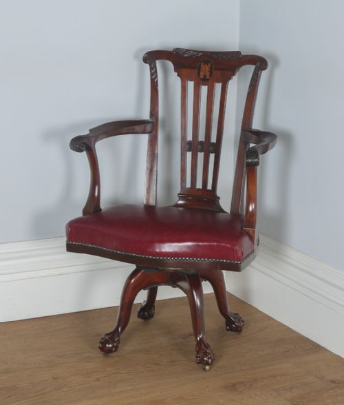fig 2. Antique English Georgian Chippendale Style Mahogany & Leather Revolving Office Desk Arm Chair (Circa 1890)
