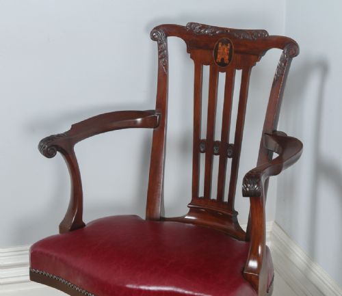 fig 3. Antique English Georgian Chippendale Style Mahogany & Leather Revolving Office Desk Arm Chair (Circa 1890)