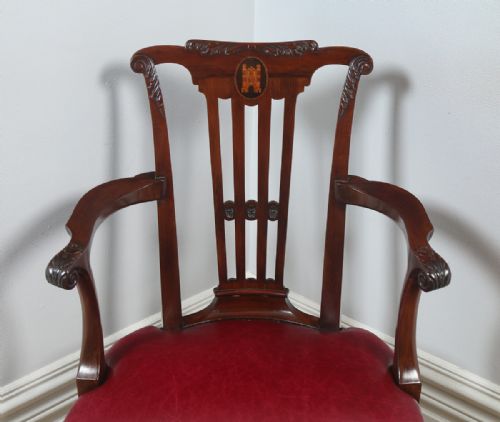 fig 4. Antique English Georgian Chippendale Style Mahogany & Leather Revolving Office Desk Arm Chair (Circa 1890)