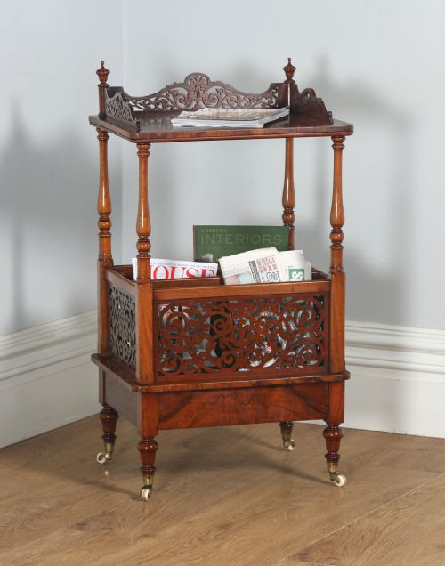 Antique English Victorian Bur Walnut Canterbury Whatnot Magazine / News Paper / Music Rack / Stand / Tidy (Circa 1860)