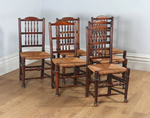 Antique Set of Six English Georgian Ash & Elm Spindle Back Country Farmhouse Kitchen Dining Chairs (Circa 1790)