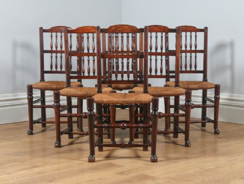 fig 7. Antique Set of Six English Georgian Ash & Elm Spindle Back Country Farmhouse Kitchen Dining Chairs (Circa 1790)