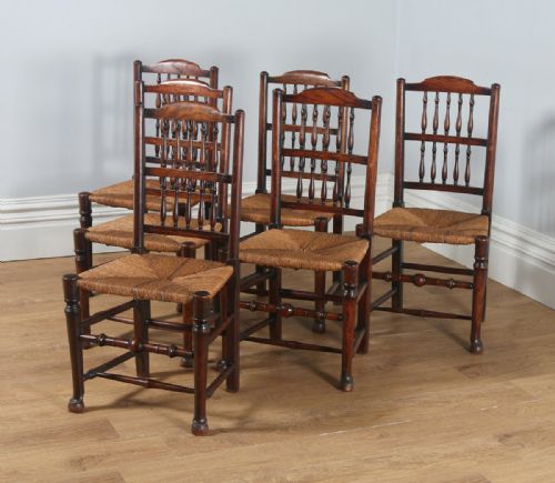 fig 8. Antique Set of Six English Georgian Ash & Elm Spindle Back Country Farmhouse Kitchen Dining Chairs (Circa 1790)