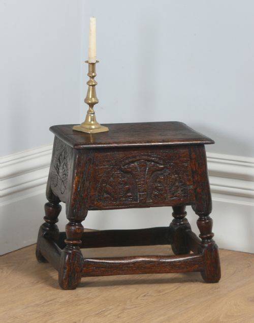 Antique English Charles II Style Oak Joint Close Box Stool (Circa 1880)
