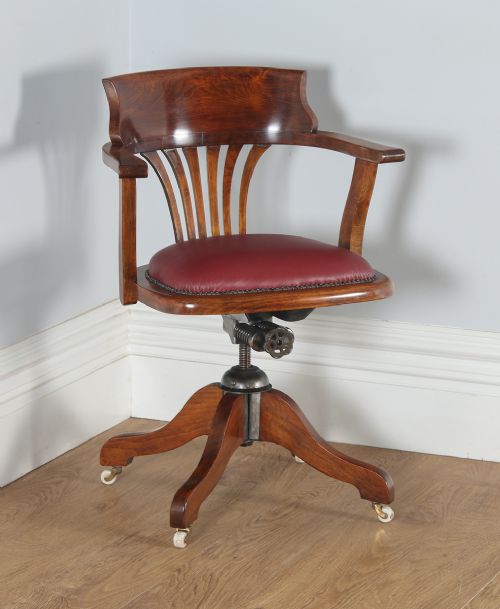 Antique English Edwardian Beech and Red Leather Revolving Swivel Office Desk Arm Chair (Circa 1910)