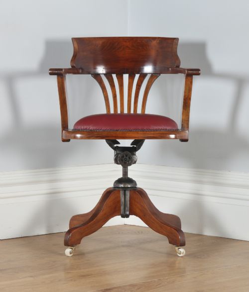 fig 1. Antique English Edwardian Beech and Red Leather Revolving Swivel Office Desk Arm Chair (Circa 1910)