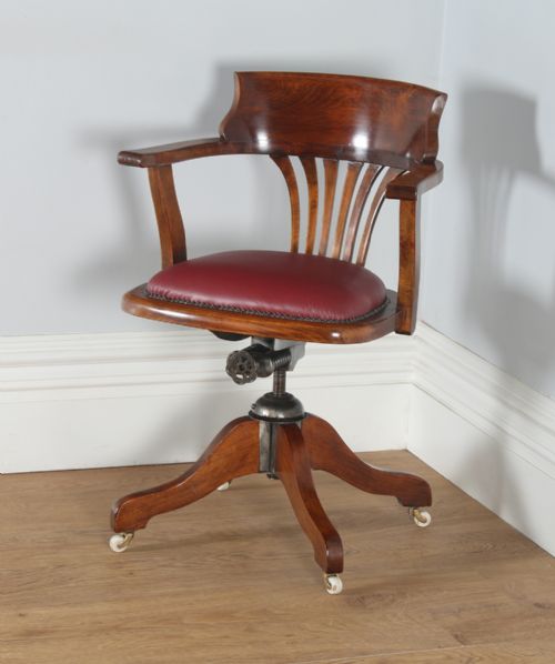 fig 2. Antique English Edwardian Beech and Red Leather Revolving Swivel Office Desk Arm Chair (Circa 1910)