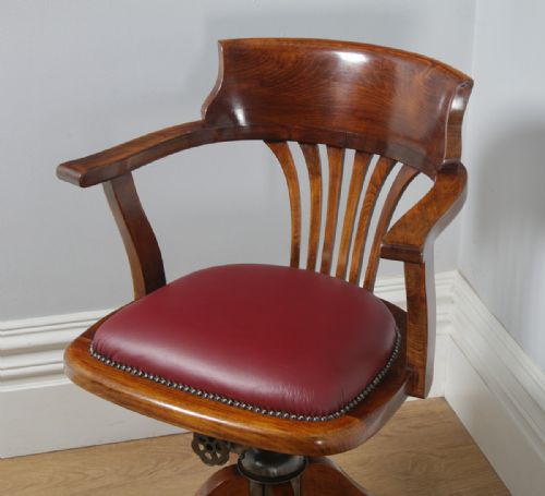 fig 3. Antique English Edwardian Beech and Red Leather Revolving Swivel Office Desk Arm Chair (Circa 1910)