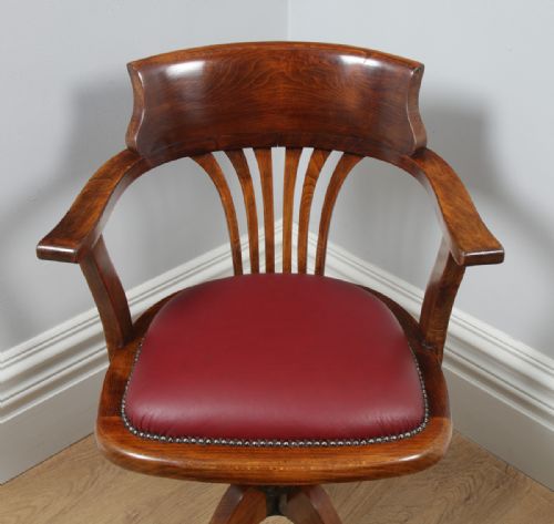 fig 4. Antique English Edwardian Beech and Red Leather Revolving Swivel Office Desk Arm Chair (Circa 1910)