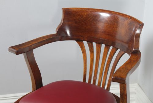 fig 5. Antique English Edwardian Beech and Red Leather Revolving Swivel Office Desk Arm Chair (Circa 1910)