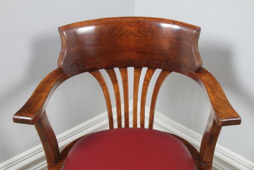 fig 6. Antique English Edwardian Beech and Red Leather Revolving Swivel Office Desk Arm Chair (Circa 1910)