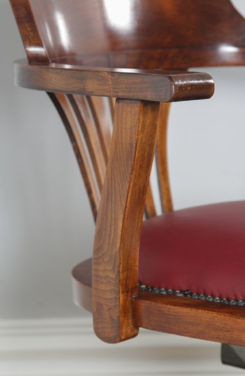 fig 8. Antique English Edwardian Beech and Red Leather Revolving Swivel Office Desk Arm Chair (Circa 1910)