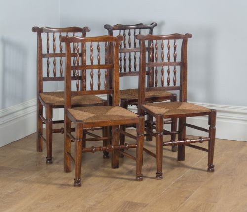 Antique Set of Four English Georgian Ash & Elm Spindle Back Country Farmhouse Kitchen Dining Chairs (Circa 1800)