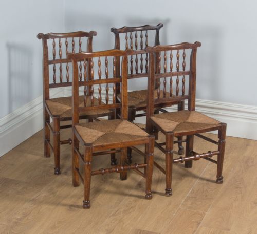 fig 7. Antique Set of Four English Georgian Ash & Elm Spindle Back Country Farmhouse Kitchen Dining Chairs (Circa 1800)