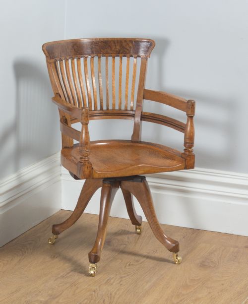 Antique English Victorian Oak & Burr Walnut Revolving Office Desk Arm Chair (Circa 1890)