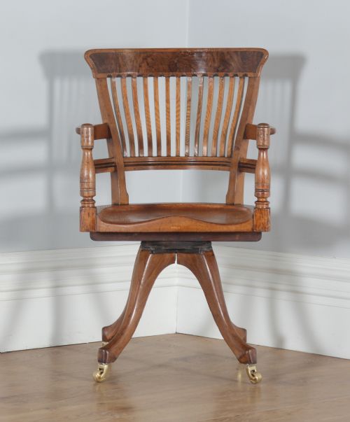 fig 1. Antique English Victorian Oak & Burr Walnut Revolving Office Desk Arm Chair (Circa 1890)