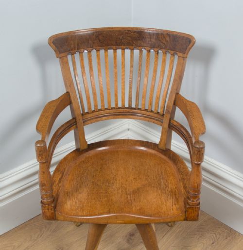 fig 4. Antique English Victorian Oak & Burr Walnut Revolving Office Desk Arm Chair (Circa 1890)