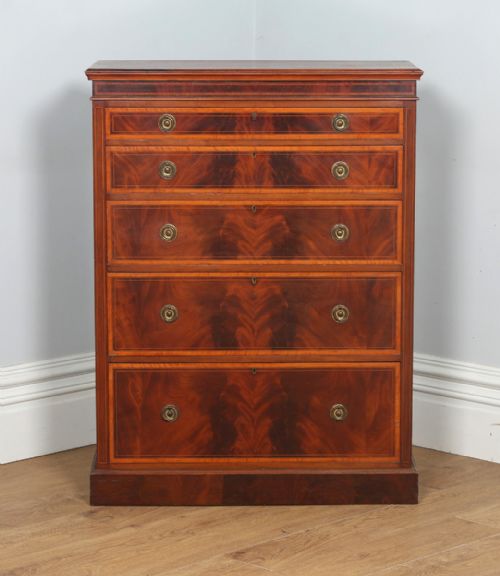 fig 1. Antique English Georgian Sheraton Style Flame Mahogany & Satinwood Inlaid Chest of Drawers (Circa 1900)