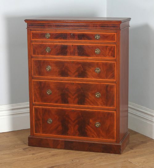 fig 2. Antique English Georgian Sheraton Style Flame Mahogany & Satinwood Inlaid Chest of Drawers (Circa 1900)