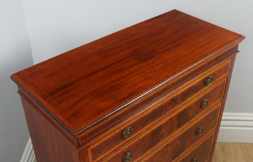 fig 3. Antique English Georgian Sheraton Style Flame Mahogany & Satinwood Inlaid Chest of Drawers (Circa 1900)