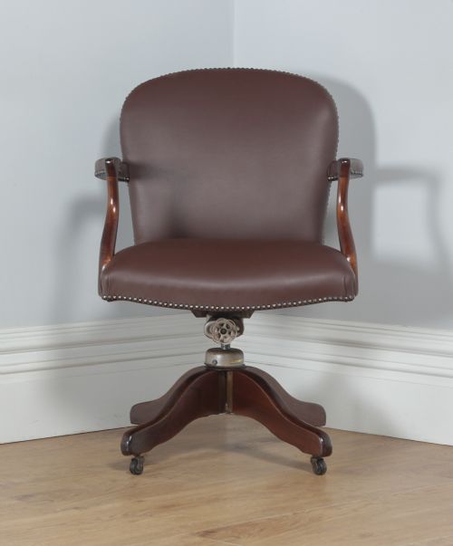 fig 1. Antique English George V Mahogany & Brown Leather Revolving Swivel Office Desk Arm Chair by Maple & Co. (Circa 1920)