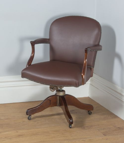 fig 2. Antique English George V Mahogany & Brown Leather Revolving Swivel Office Desk Arm Chair by Maple & Co. (Circa 1920)