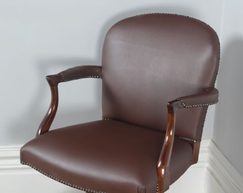 fig 3. Antique English George V Mahogany & Brown Leather Revolving Swivel Office Desk Arm Chair by Maple & Co. (Circa 1920)