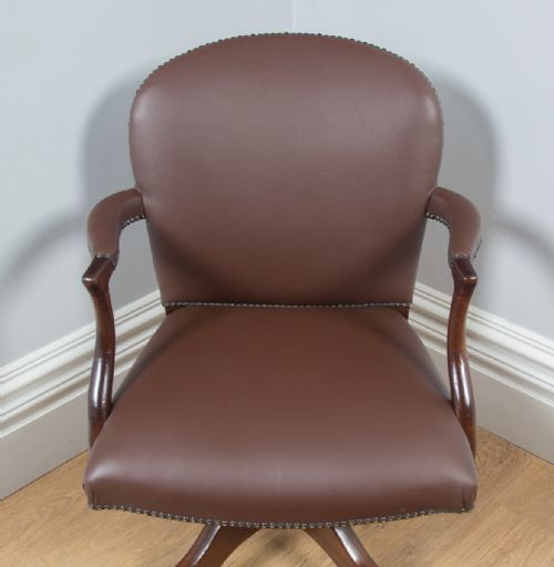fig 4. Antique English George V Mahogany & Brown Leather Revolving Swivel Office Desk Arm Chair by Maple & Co. (Circa 1920)