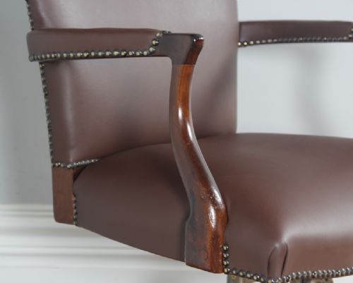 fig 5. Antique English George V Mahogany & Brown Leather Revolving Swivel Office Desk Arm Chair by Maple & Co. (Circa 1920)