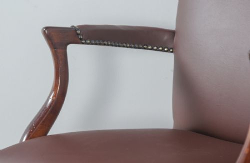 fig 6. Antique English George V Mahogany & Brown Leather Revolving Swivel Office Desk Arm Chair by Maple & Co. (Circa 1920)