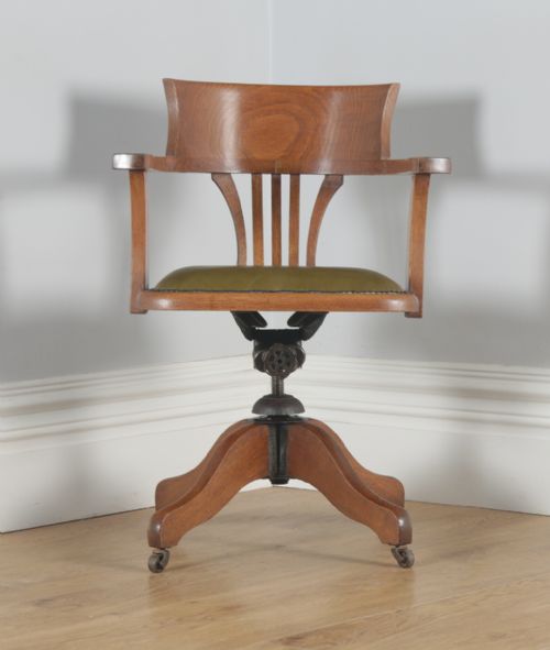 fig 1. Antique English Edwardian Oak and Green Leather Revolving Swivel Office Desk Arm Chair (Circa 1910)