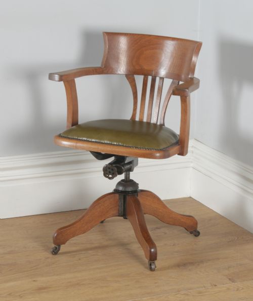 fig 2. Antique English Edwardian Oak and Green Leather Revolving Swivel Office Desk Arm Chair (Circa 1910)