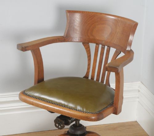 fig 3. Antique English Edwardian Oak and Green Leather Revolving Swivel Office Desk Arm Chair (Circa 1910)