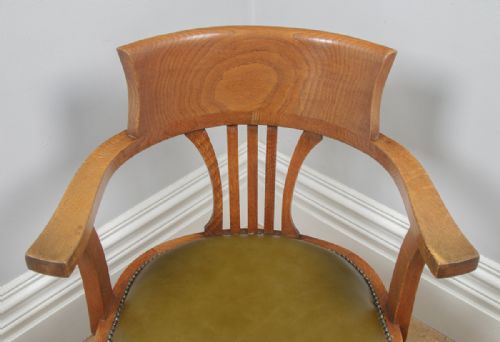 fig 5. Antique English Edwardian Oak and Green Leather Revolving Swivel Office Desk Arm Chair (Circa 1910)