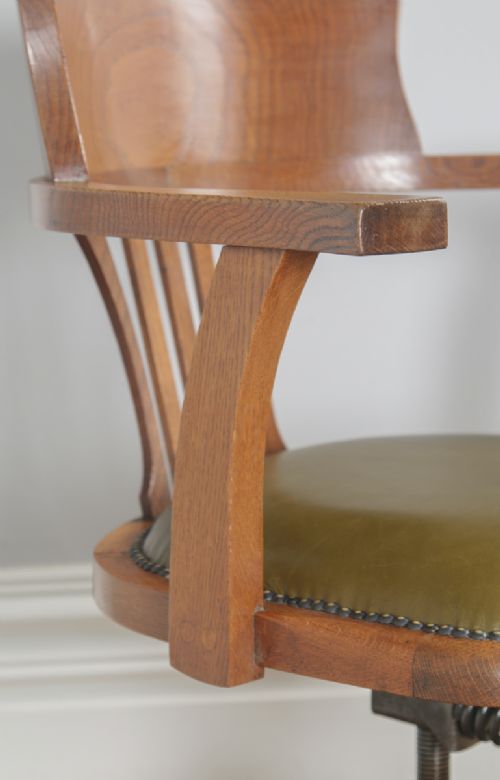 fig 6. Antique English Edwardian Oak and Green Leather Revolving Swivel Office Desk Arm Chair (Circa 1910)