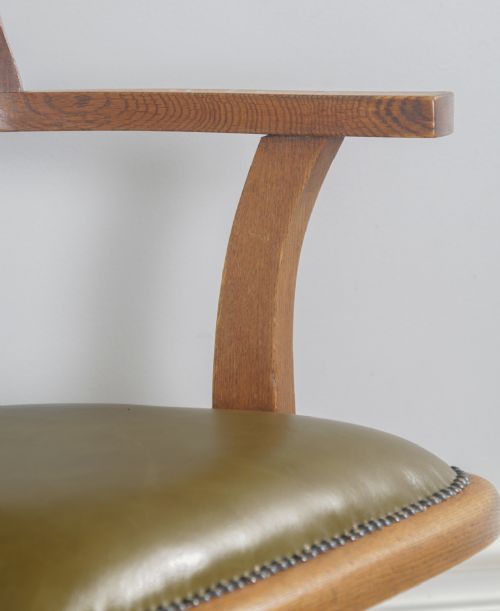 fig 8. Antique English Edwardian Oak and Green Leather Revolving Swivel Office Desk Arm Chair (Circa 1910)