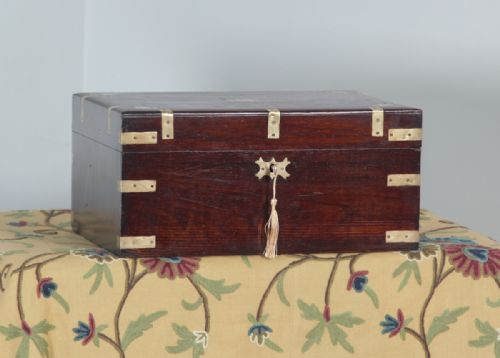 Antique Victorian Colonial Campaign Teak & Brass Inlaid Writing / Jewellery / Sewing Box (Circa 1880)
