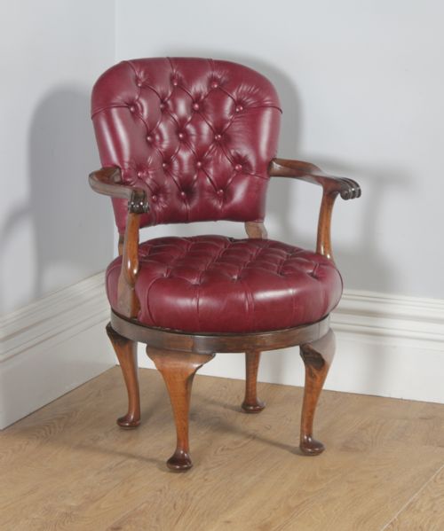 Antique English Queen Anne Style Walnut & Red Leather Revolving Office Desk Arm Chair (Circa 1890)
