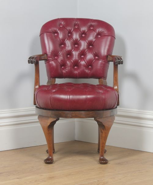 fig 1. Antique English Queen Anne Style Walnut & Red Leather Revolving Office Desk Arm Chair (Circa 1890)