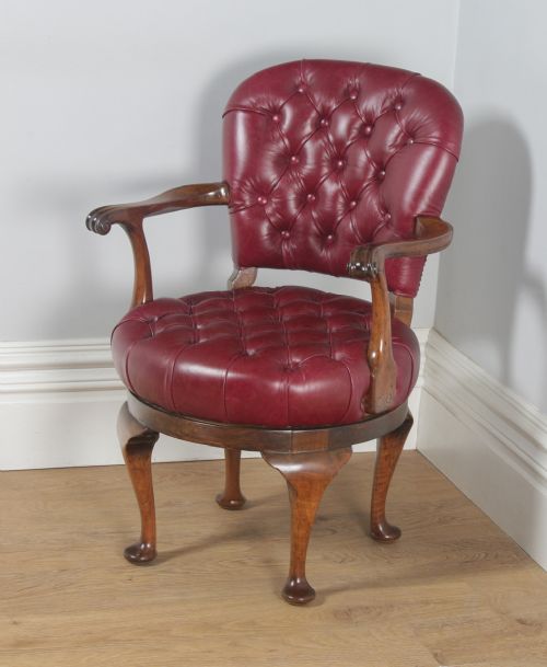 fig 2. Antique English Queen Anne Style Walnut & Red Leather Revolving Office Desk Arm Chair (Circa 1890)