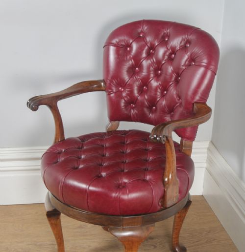 fig 3. Antique English Queen Anne Style Walnut & Red Leather Revolving Office Desk Arm Chair (Circa 1890)
