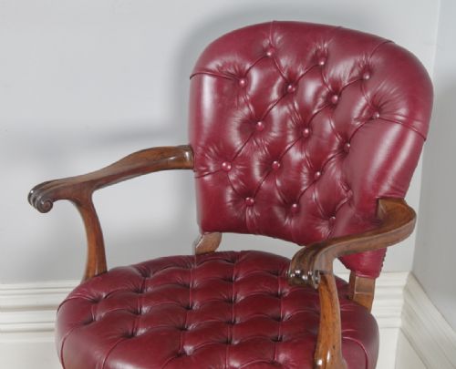 fig 4. Antique English Queen Anne Style Walnut & Red Leather Revolving Office Desk Arm Chair (Circa 1890)