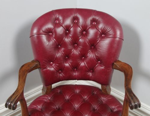 fig 5. Antique English Queen Anne Style Walnut & Red Leather Revolving Office Desk Arm Chair (Circa 1890)