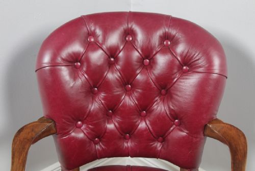 fig 6. Antique English Queen Anne Style Walnut & Red Leather Revolving Office Desk Arm Chair (Circa 1890)