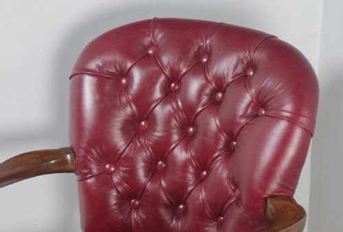 fig 7. Antique English Queen Anne Style Walnut & Red Leather Revolving Office Desk Arm Chair (Circa 1890)
