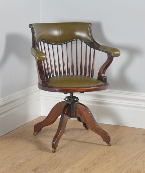 Antique English Edwardian Beech & Green Leather Revolving Swivel Office Desk Arm Chair (Circa 1910)
