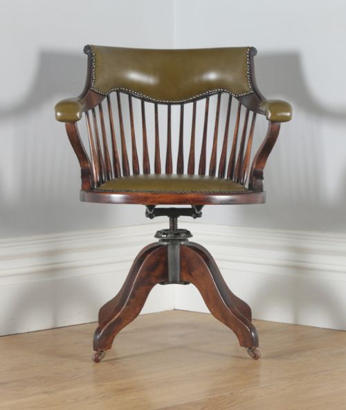 fig 1. Antique English Edwardian Beech & Green Leather Revolving Swivel Office Desk Arm Chair (Circa 1910)